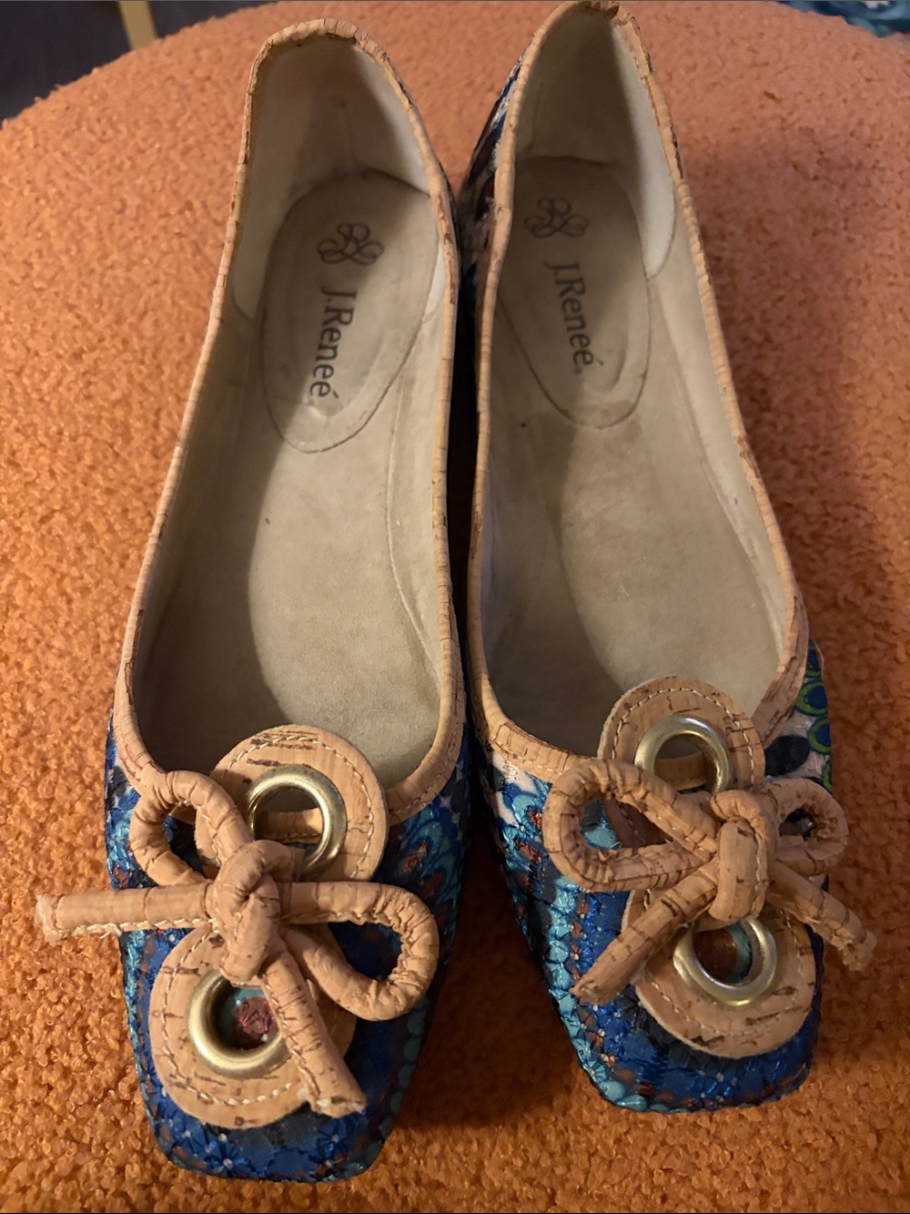 J.Renee Blue Floral Embossed Ballet Flats with Tan Bow Trim